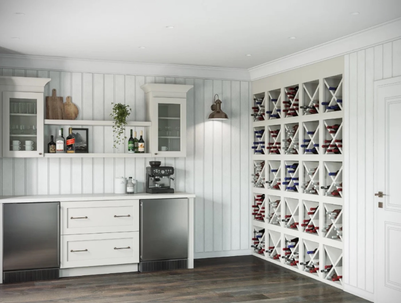 Custom home bar with cabinetry, glassware storage and bottle display by Create More Space