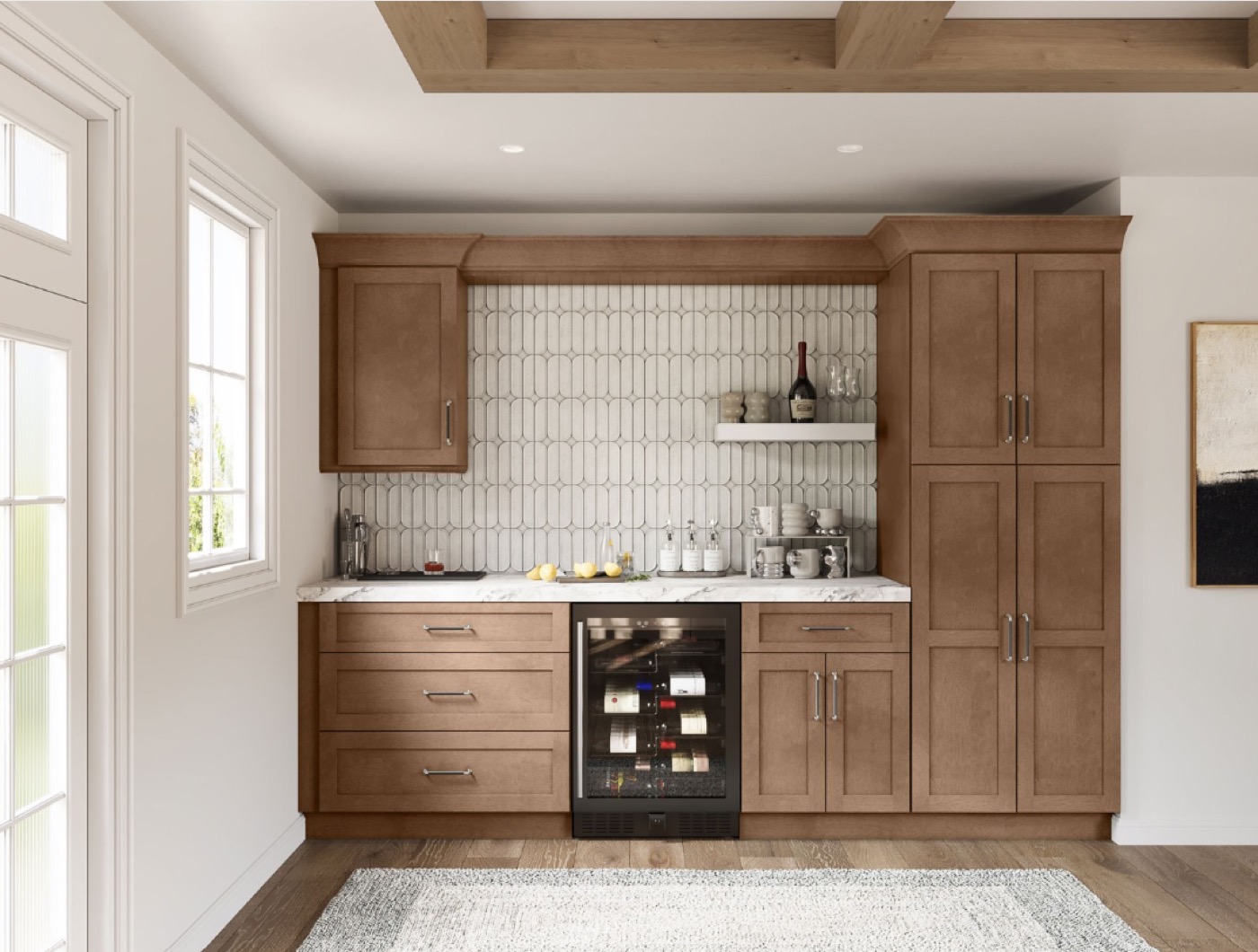 Wood wet bar with white tile backsplash and wine fridge by Create More Space