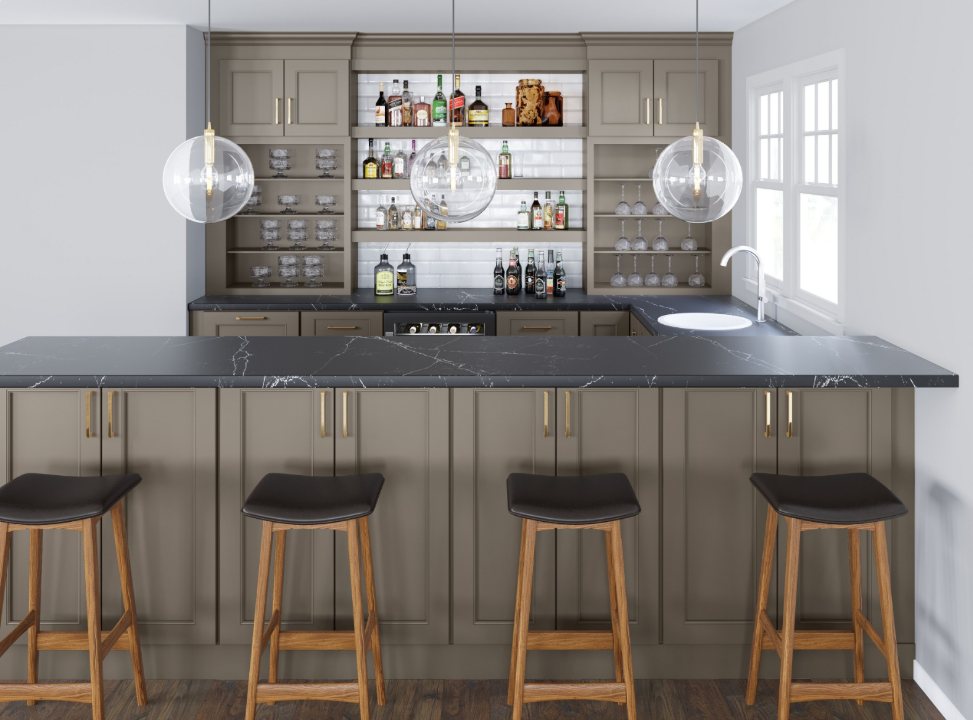 Custom home bar with seating and wine storage by Create More Space