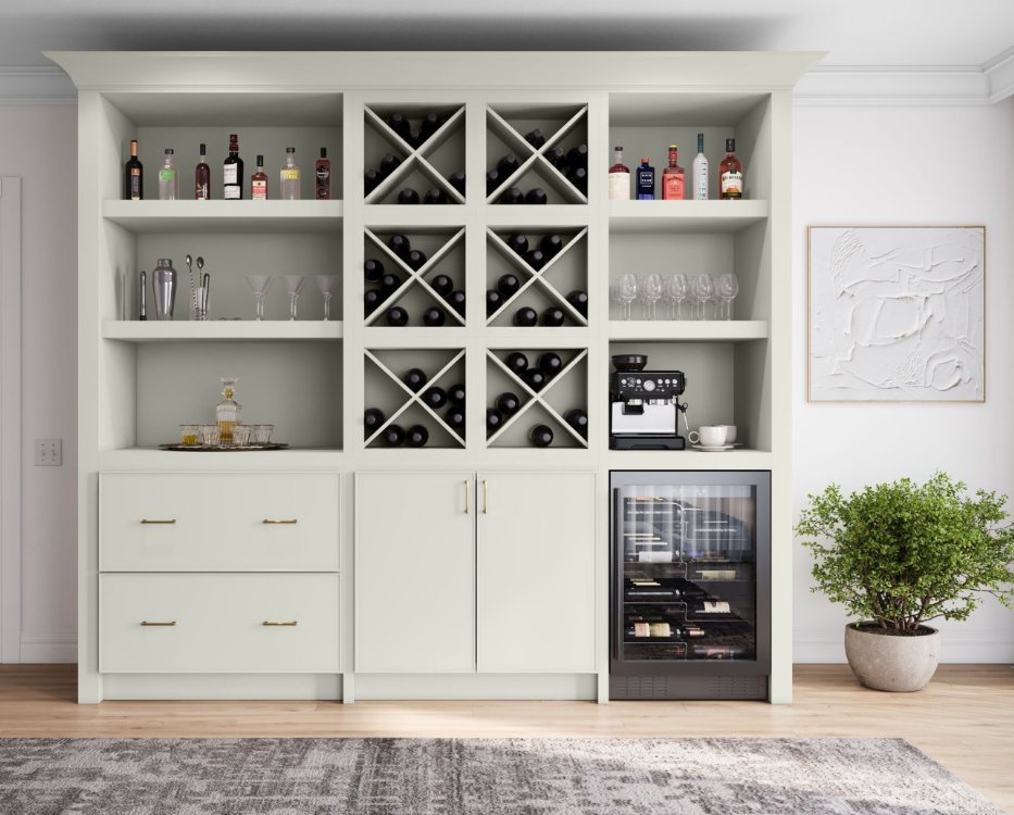 White custom bar with wine storage and beverage cooler by Create More Space