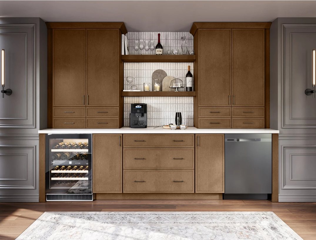 Warm wood custom bar with wine fridge by Create More Space