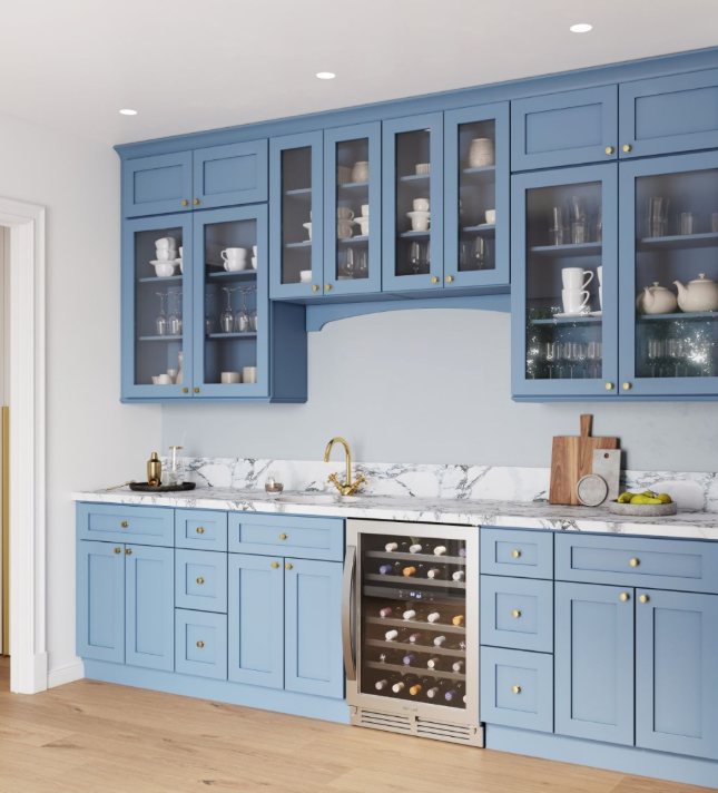 Blue custom bar cabinetry with wine cooler by Create More Space
