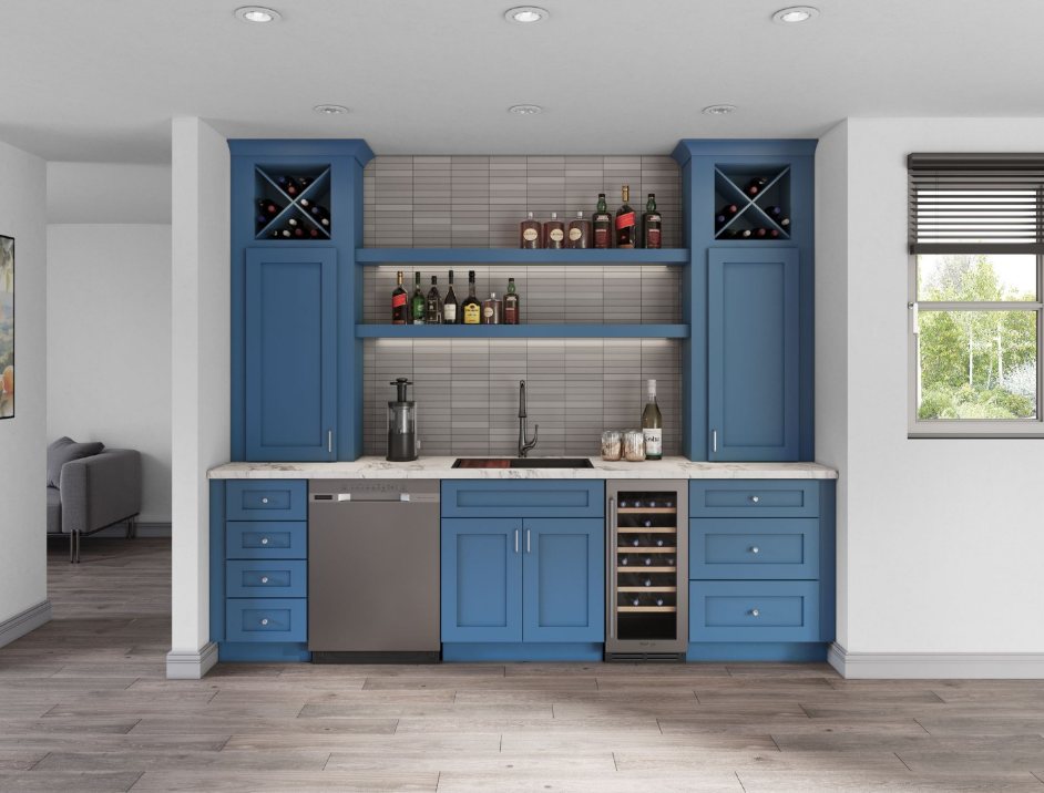 Blue built-in bar with wine racking and shelving by Create More Space