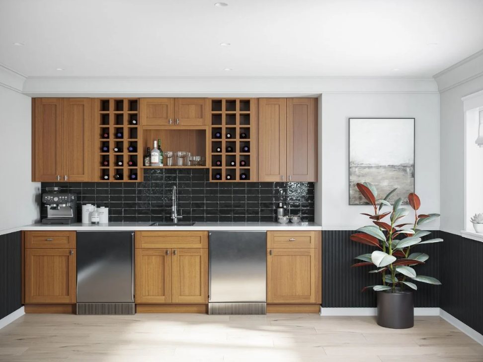 Wood wine bar with diamond racking and tile backsplash by Create More Space