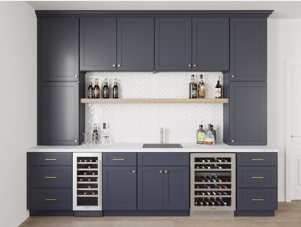 Navy custom bar with dual wine coolers and floating shelves by Create More Space