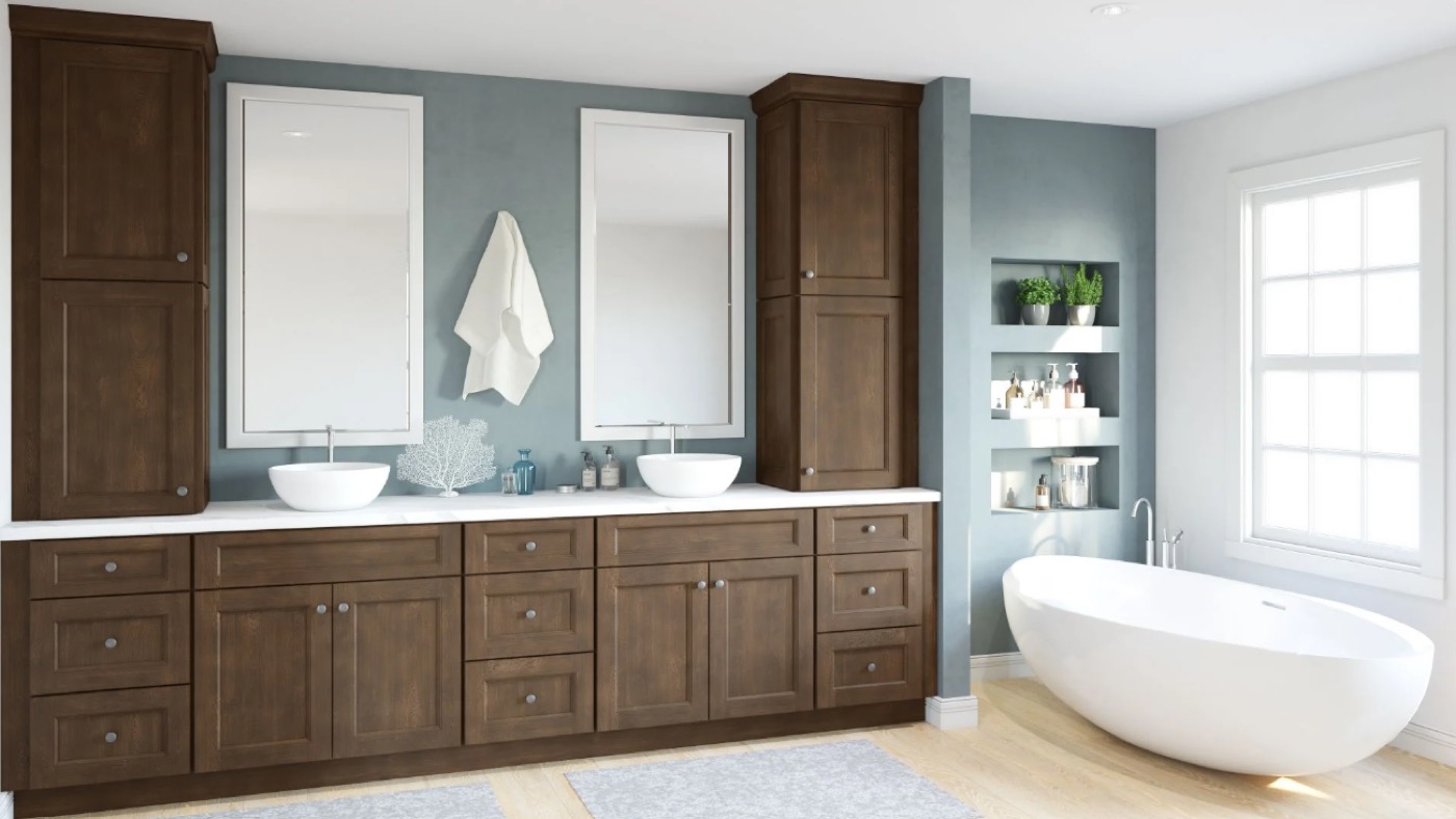 Brown double vanity bathroom with soaking tub by Create More Space