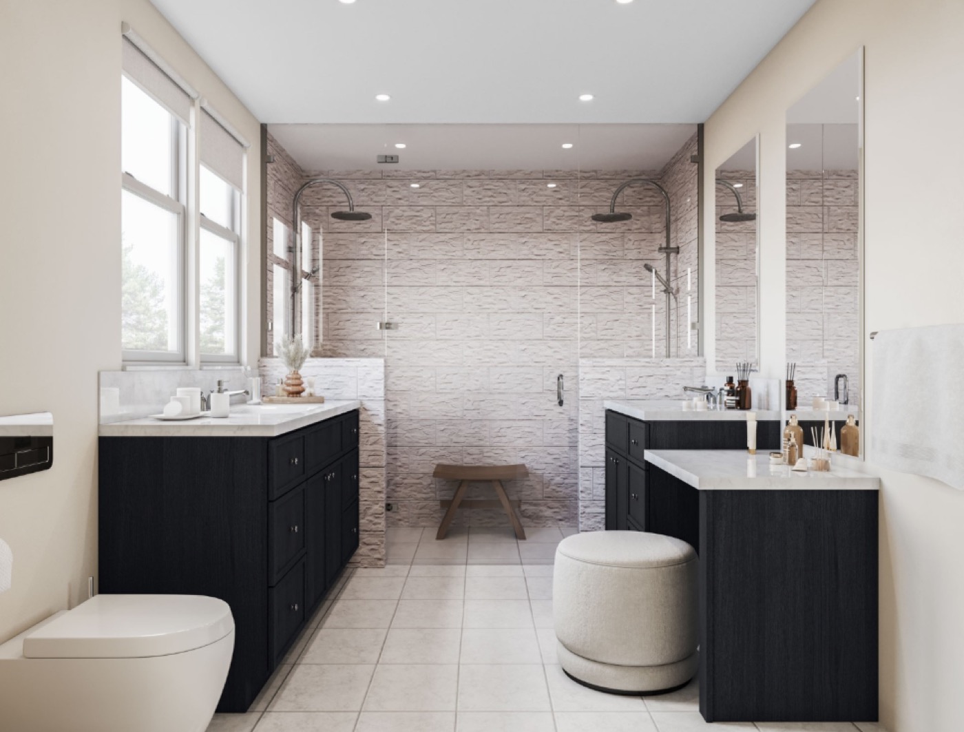 White tile bathroom with walk-in shower and dark vanities by Create More Space