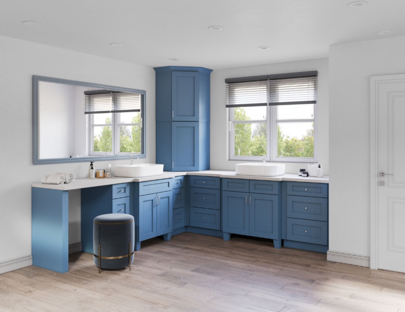 Blue bathroom vanity with corner layout by Create More Space