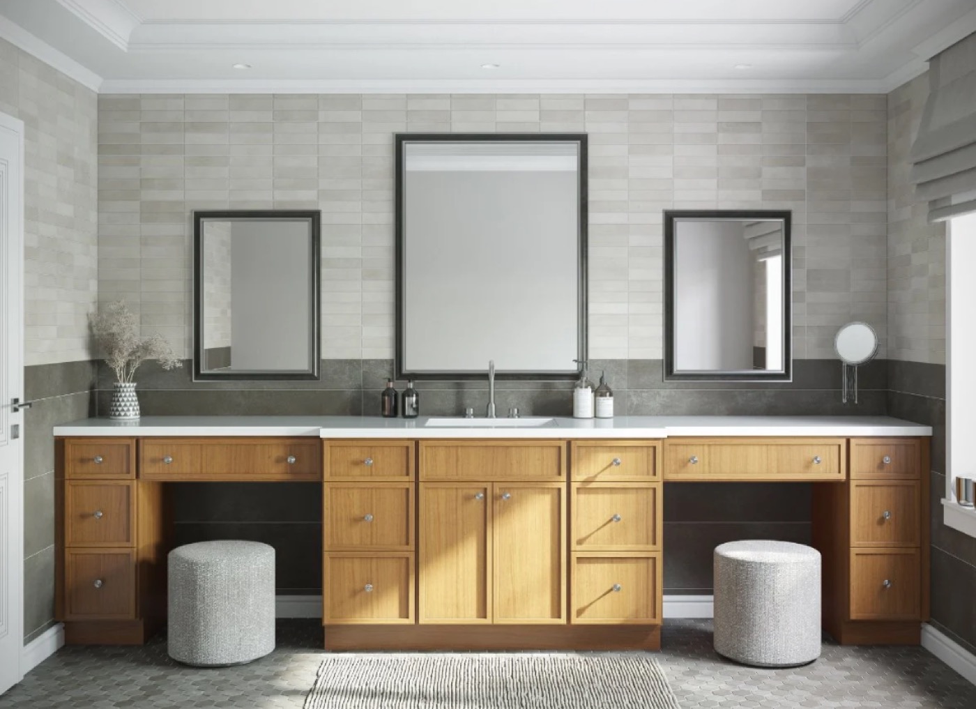 Wood double vanity with makeup counter and stools by Create More Space