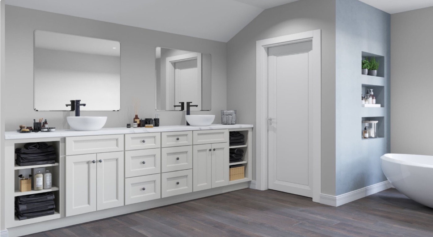 White double vanity bathroom with open shelving by Create More Space