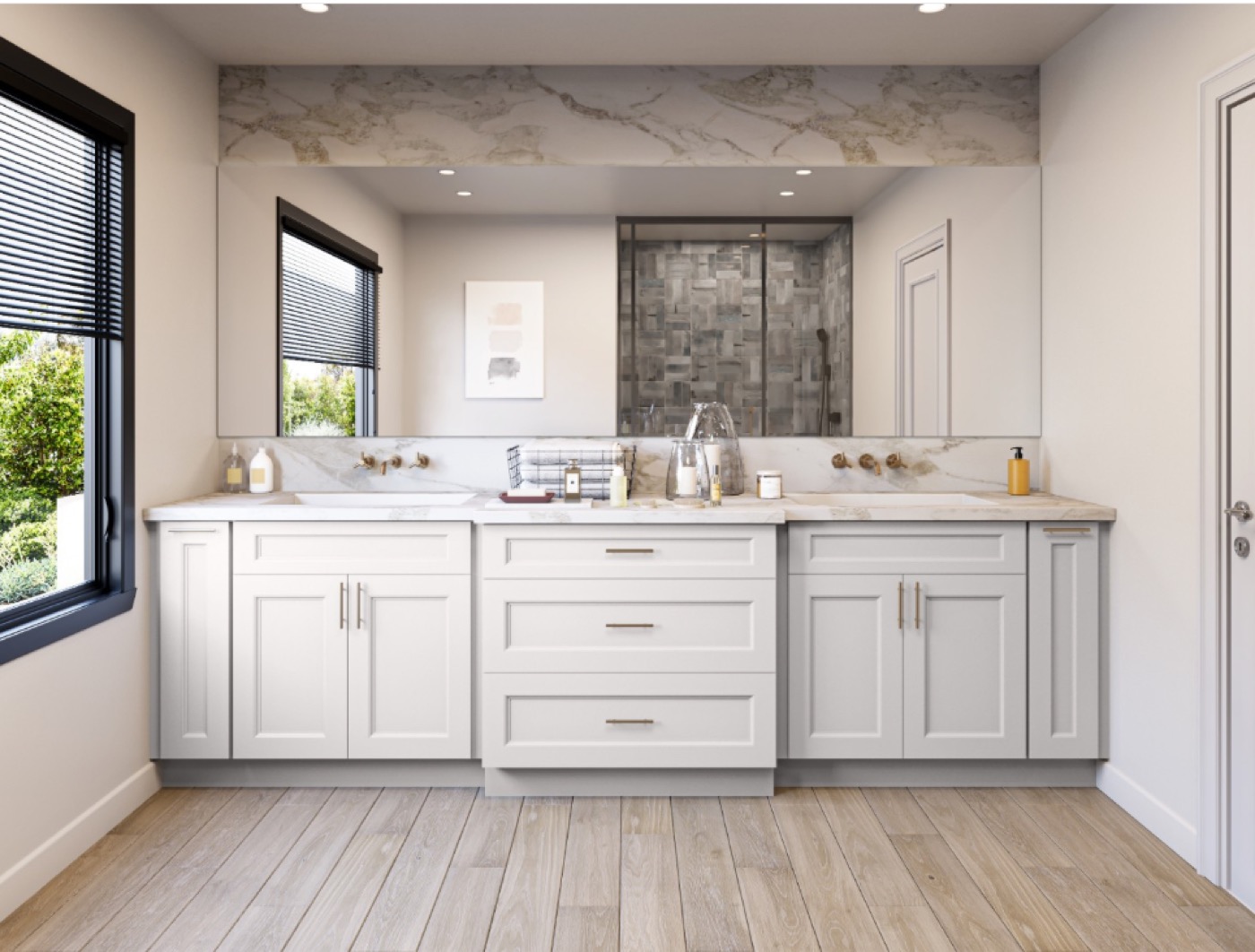 White marble bathroom with double vanity by Create More Space