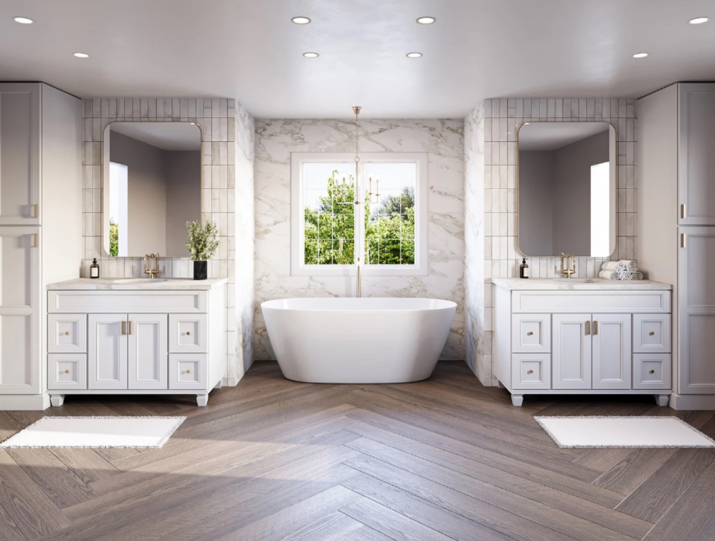 White vanities flanking a freestanding tub by Create More Space