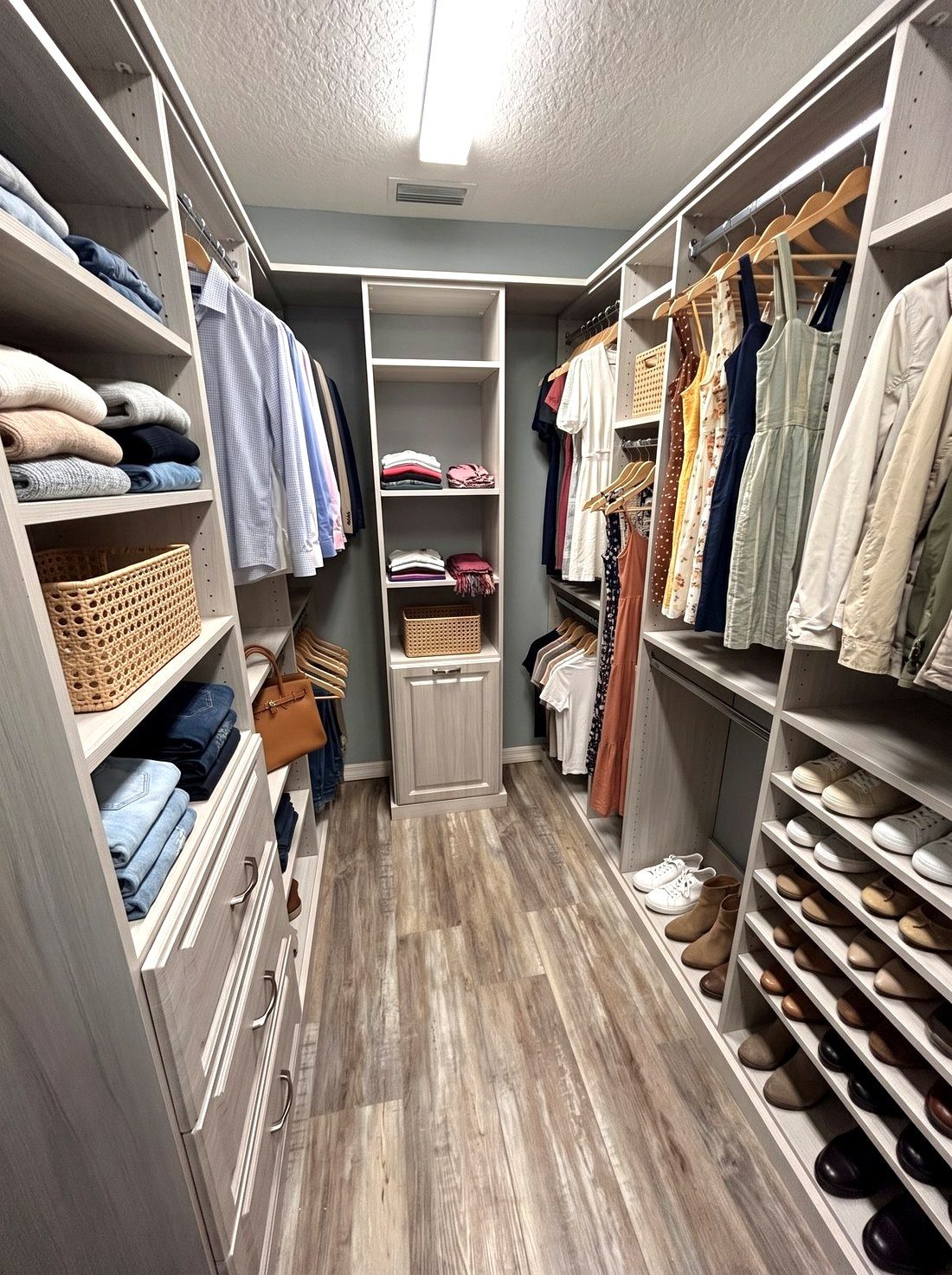 Custom closet system filled with clothing, shoes and accessories