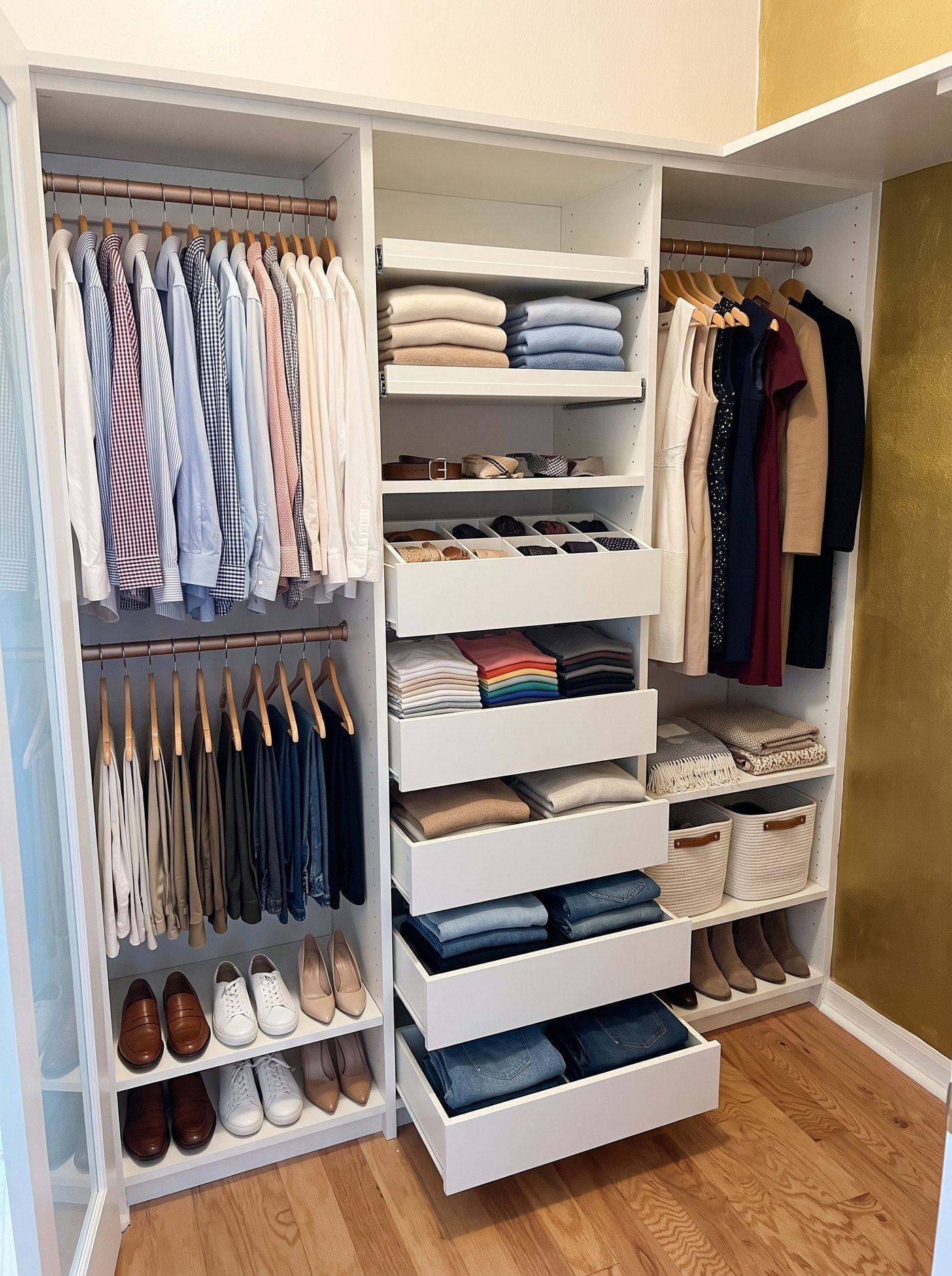 Walk-in closet with island, drawers and hanging by Create More Space