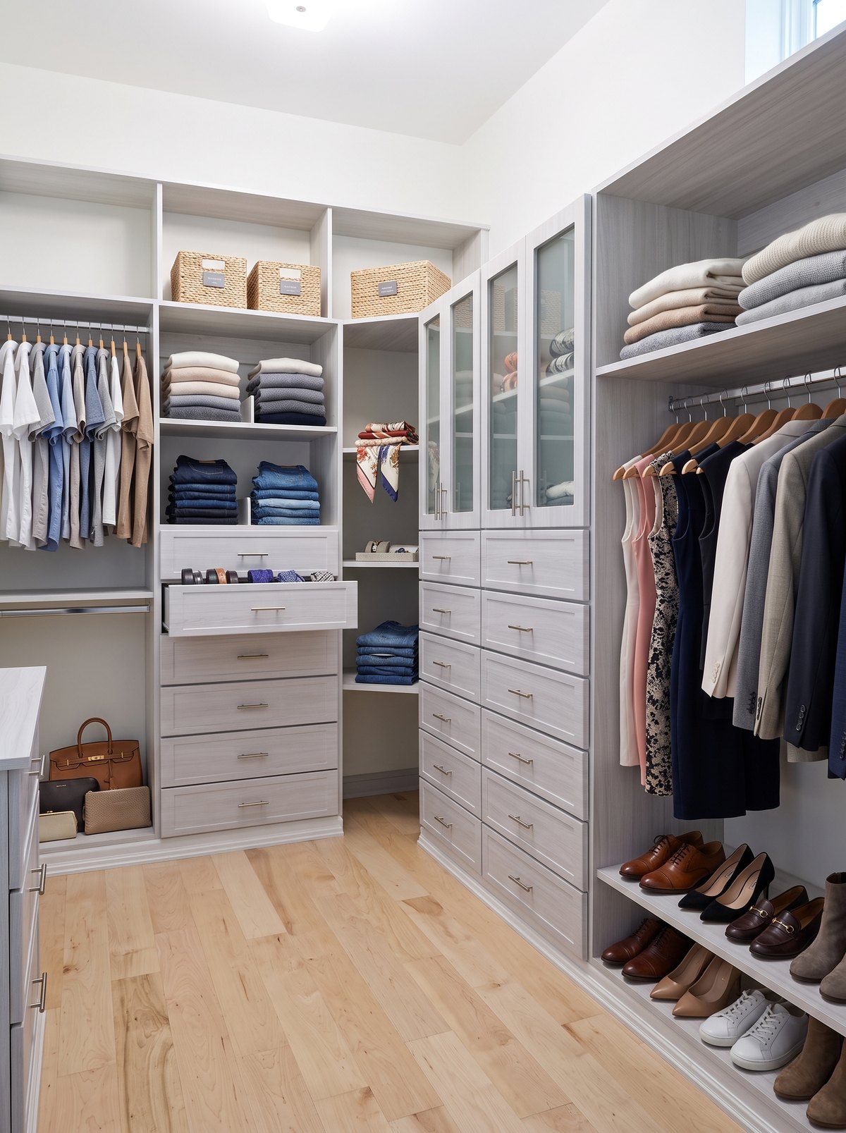 Organized custom walk-in closet with clothing and shoes by Create More Space