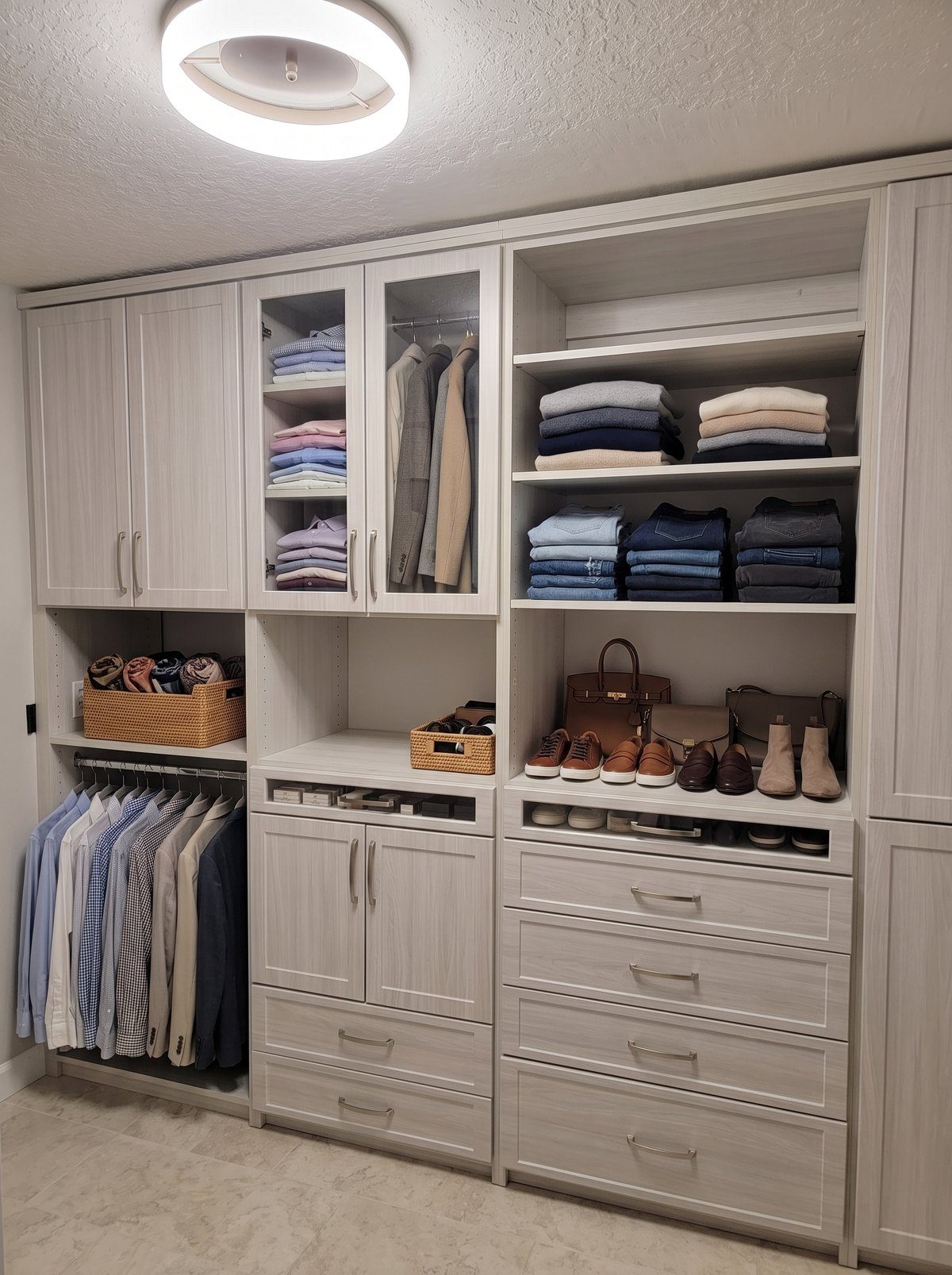 White reach-in wardrobe fully organized with clothing and shoes