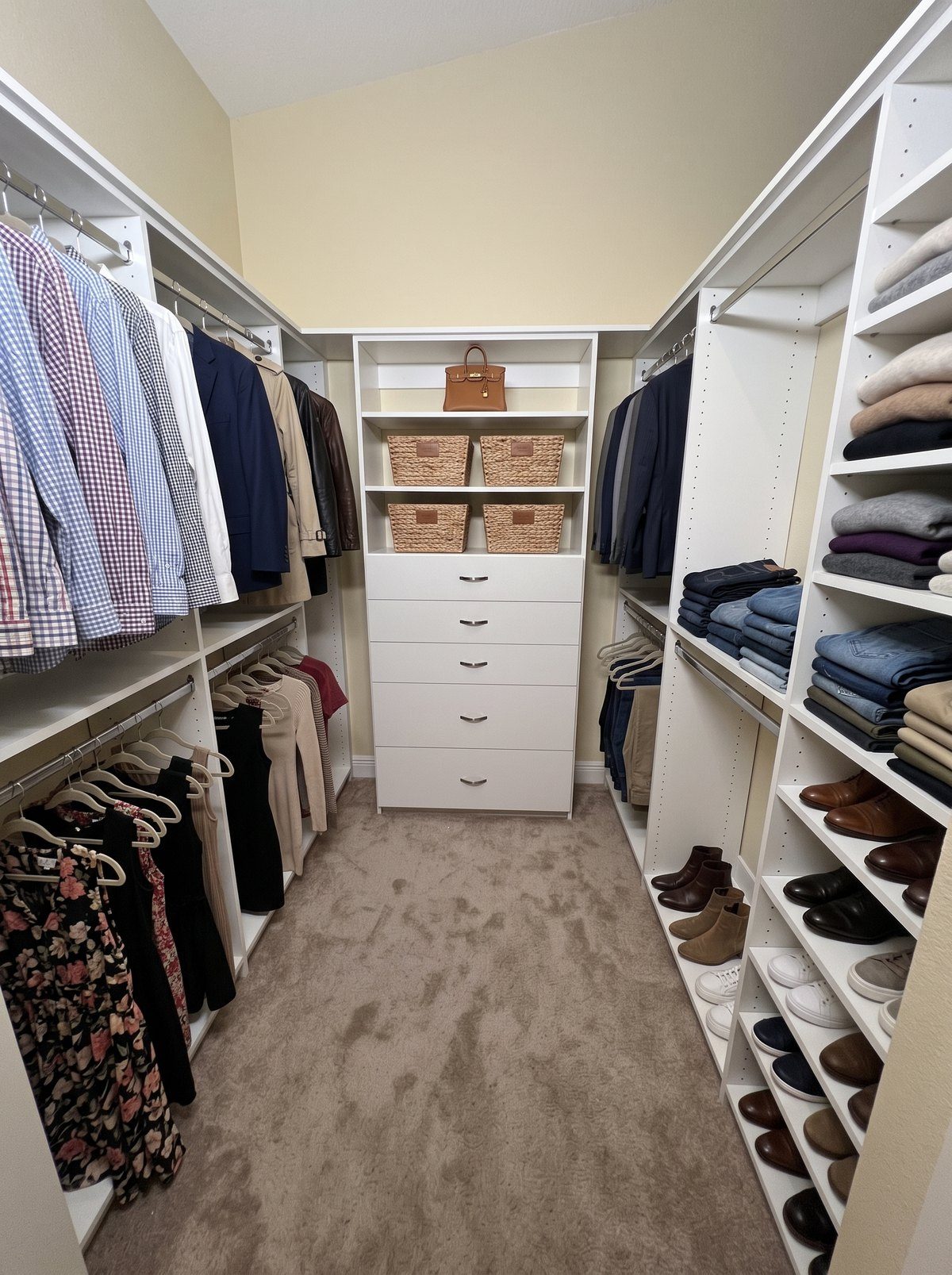 Bright walk-in closet with clothing and baskets by Create More Space