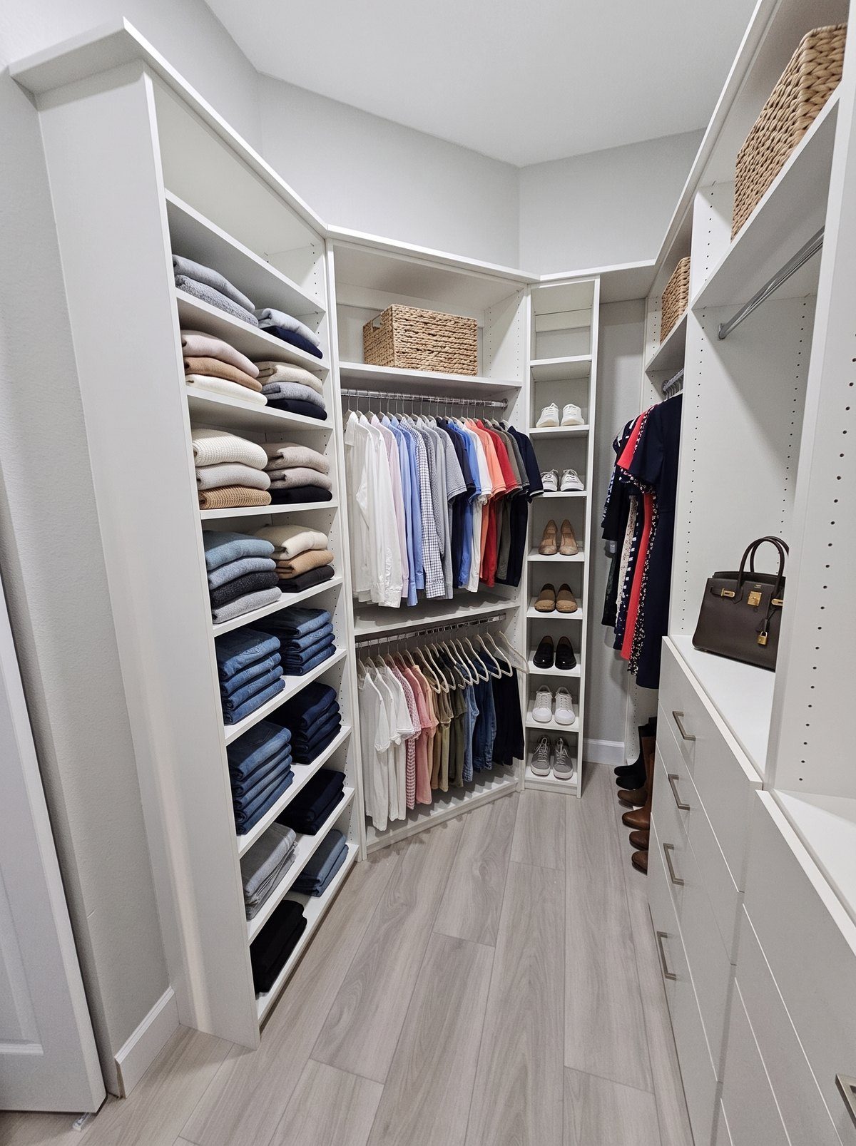 Corner walk-in closet organized with folded clothing and shoes by Create More Space