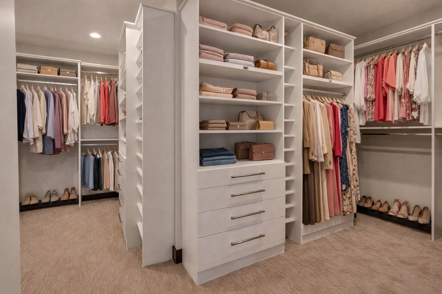 Custom walk-in closet with drawers and shoe shelving by Create More Space