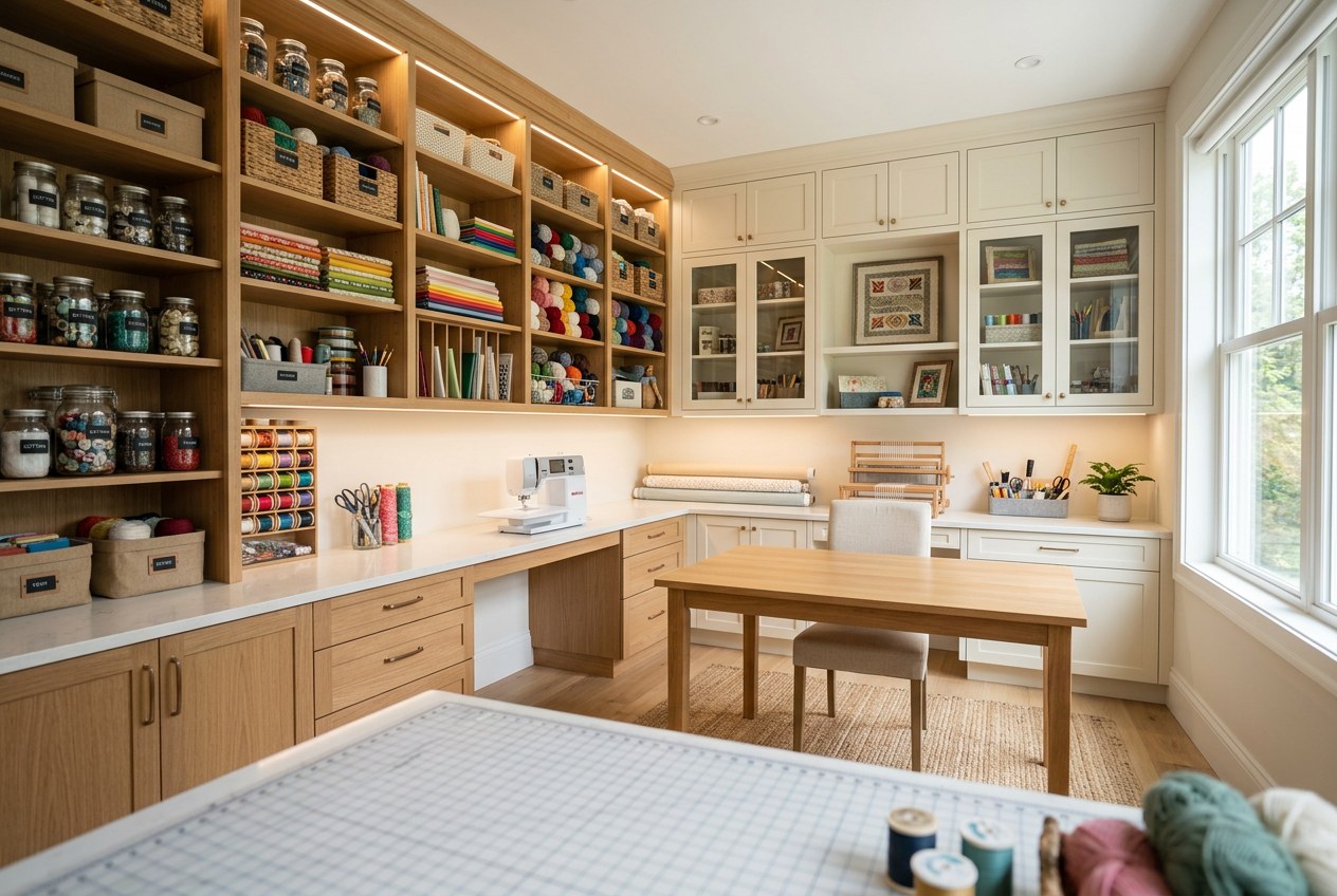 Custom craft room with storage and work surface