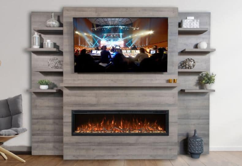 Driftwood entertainment wall with floating shelves and fireplace by Create More Space