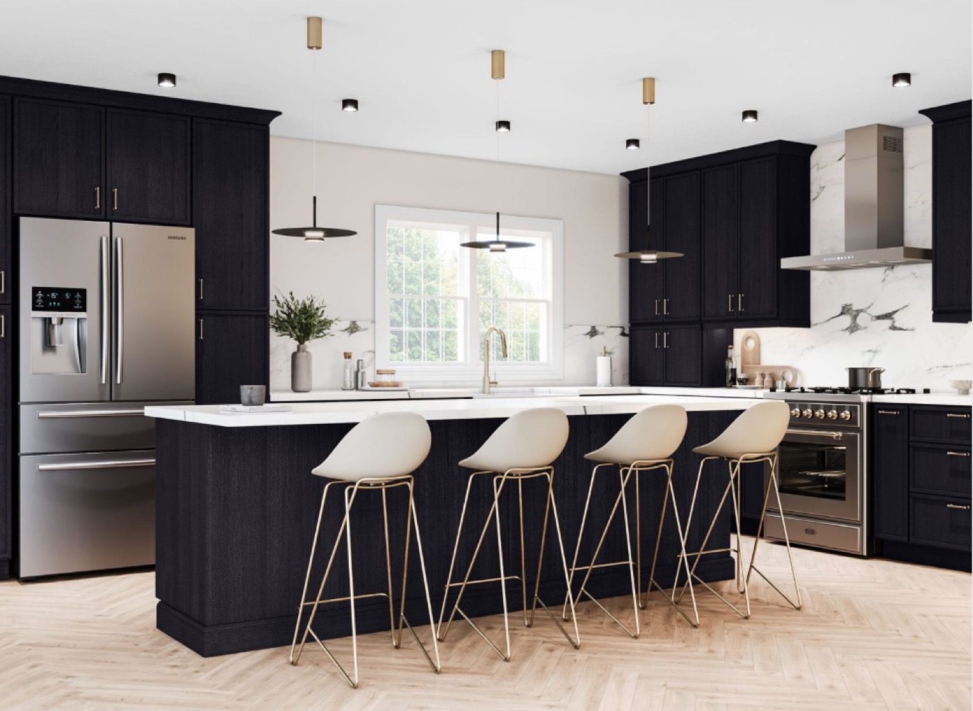 Navy kitchen with island and stainless appliances by Create More Space