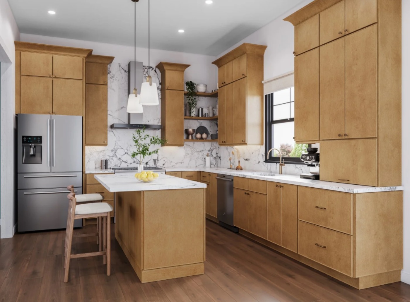 Warm oak kitchen with center island by Create More Space