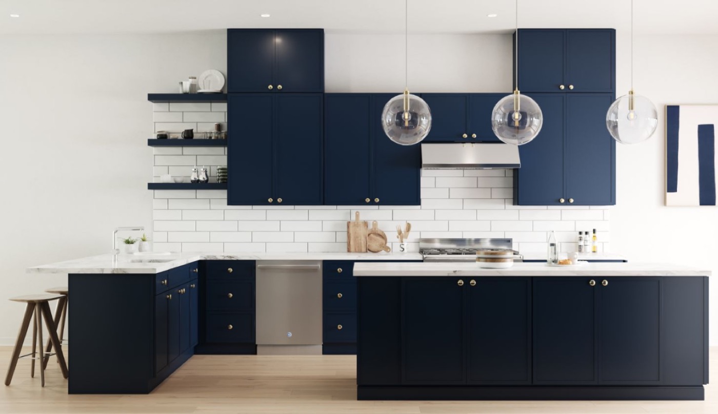 Modern navy kitchen with open shelving by Create More Space
