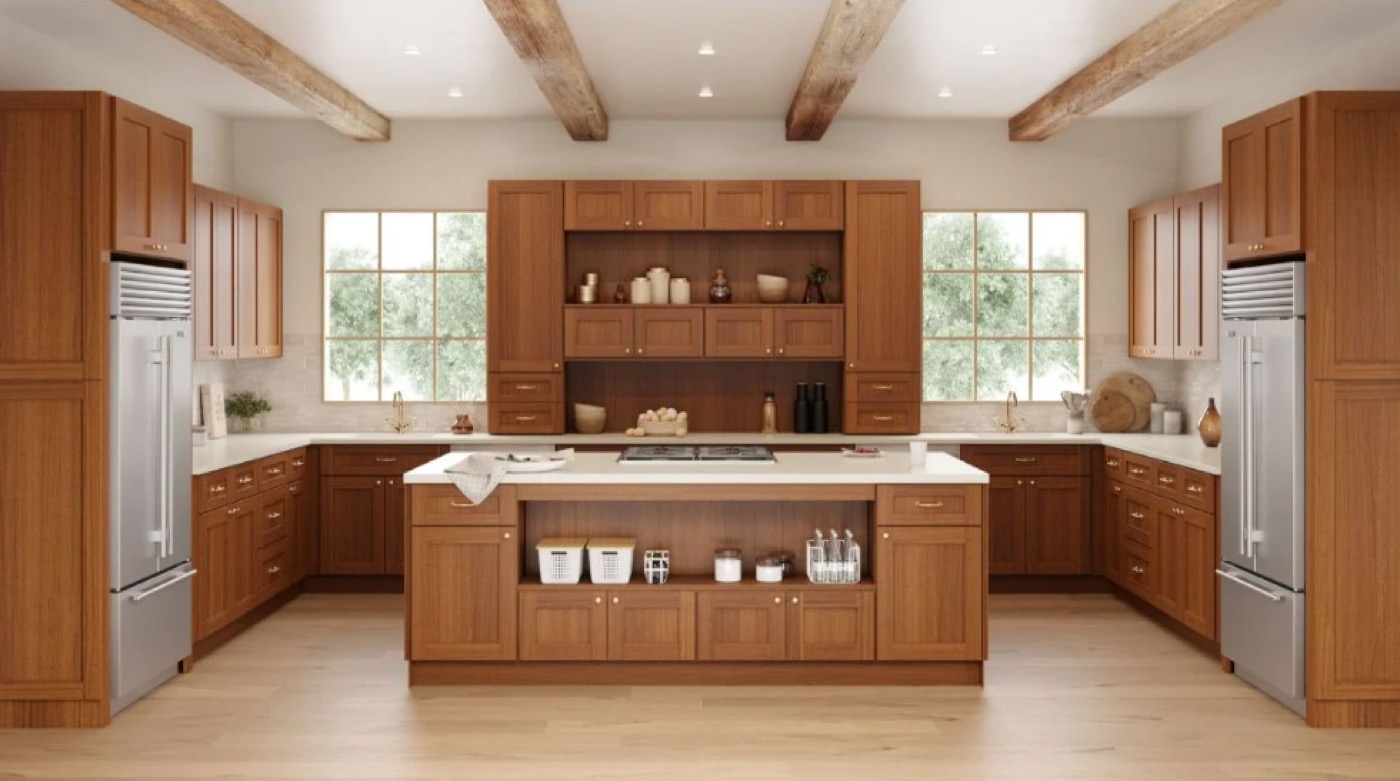Large wood kitchen with beamed ceiling and island by Create More Space