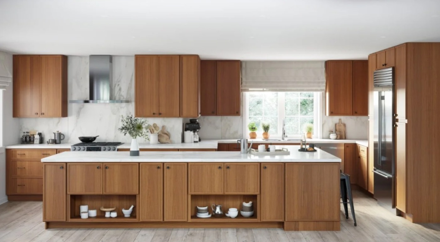 Walnut kitchen with large island and open shelves by Create More Space