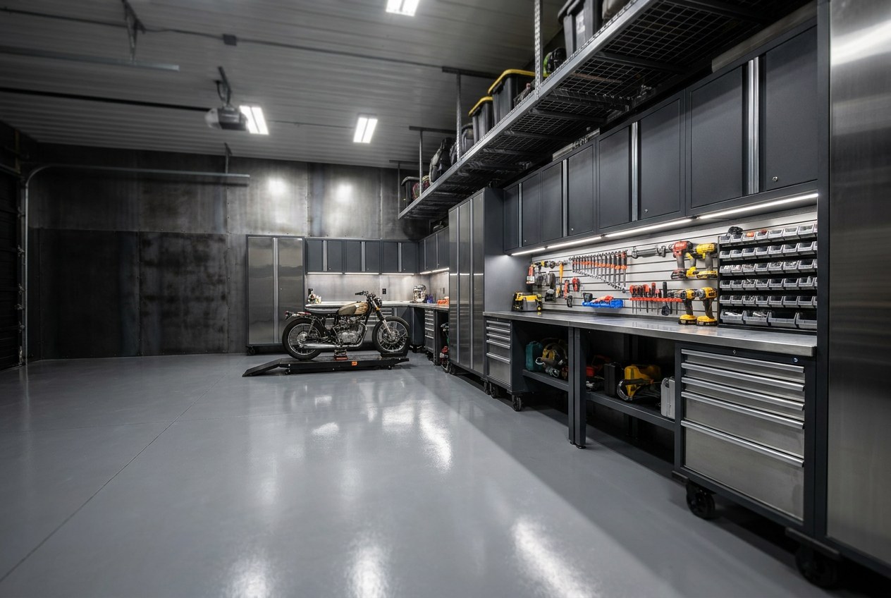 Metal garage cabinets with epoxy floor