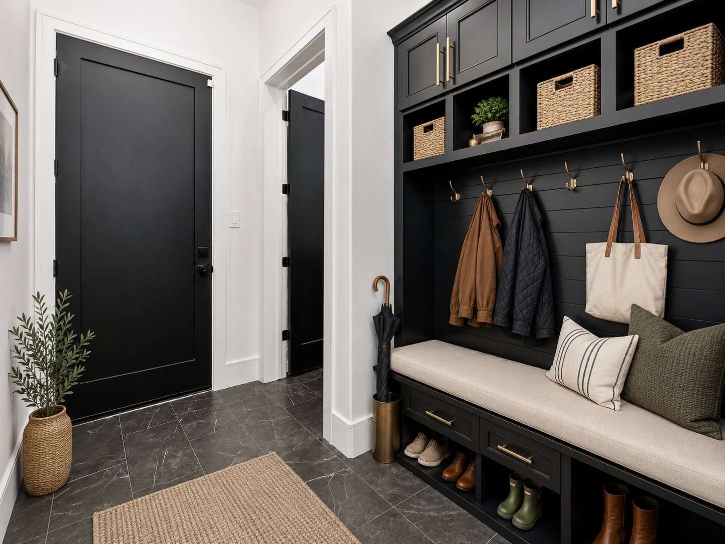 Custom mudroom with lockers, bench and hooks by Create More Space