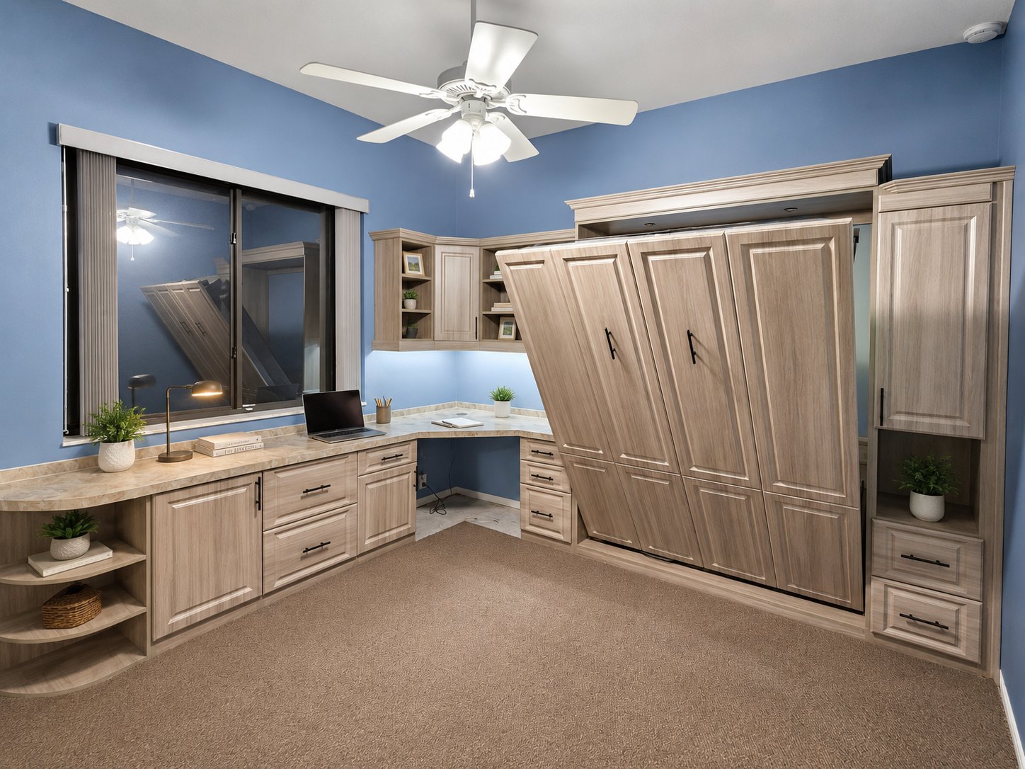 Home office with integrated wall bed for guest use