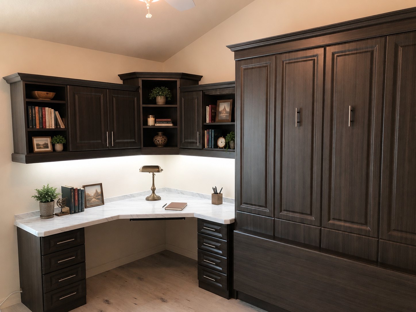 Custom home office with built-in desk and shelving