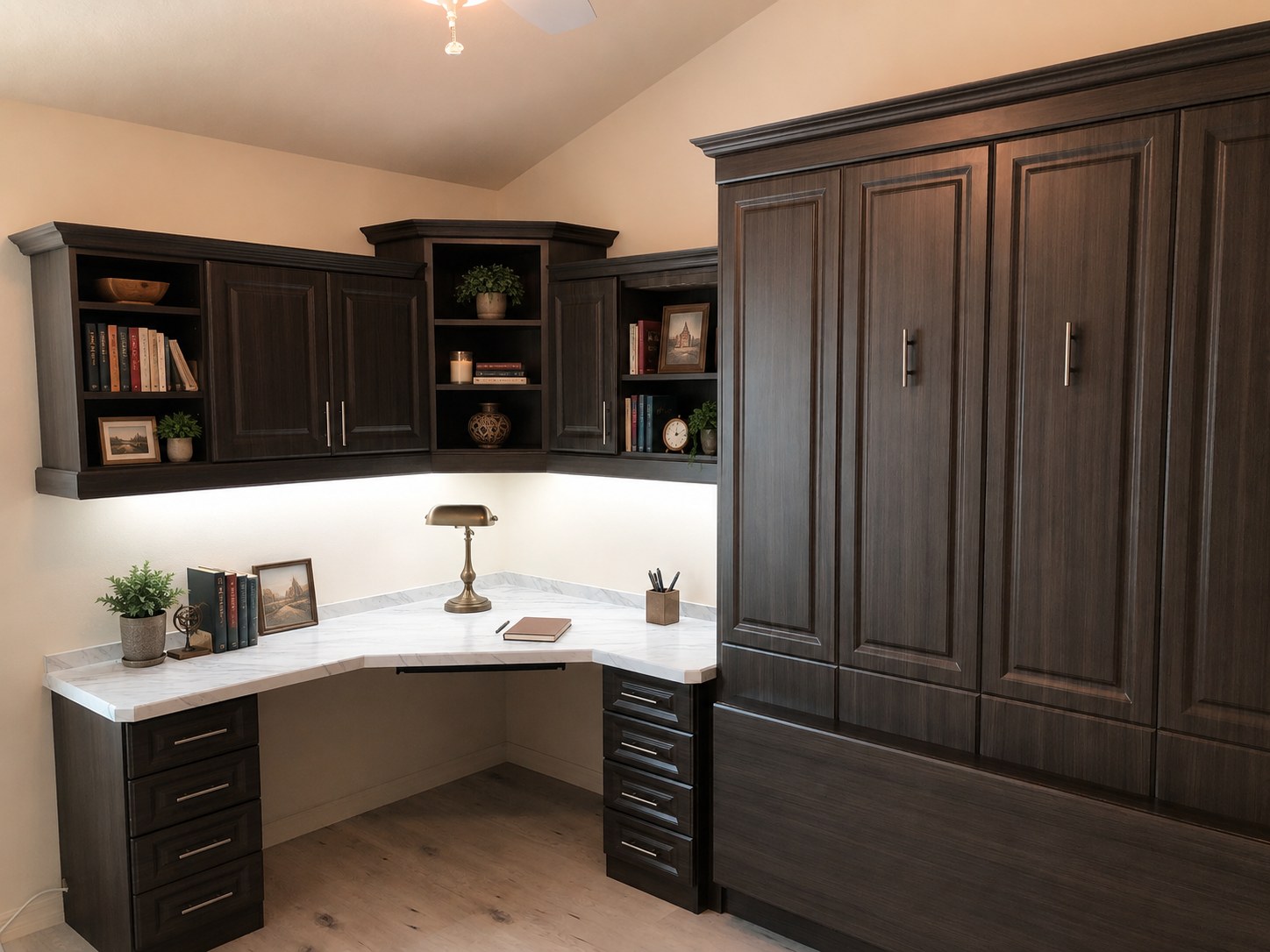 Dark wood home office with corner desk and LED lighting by Create More Space