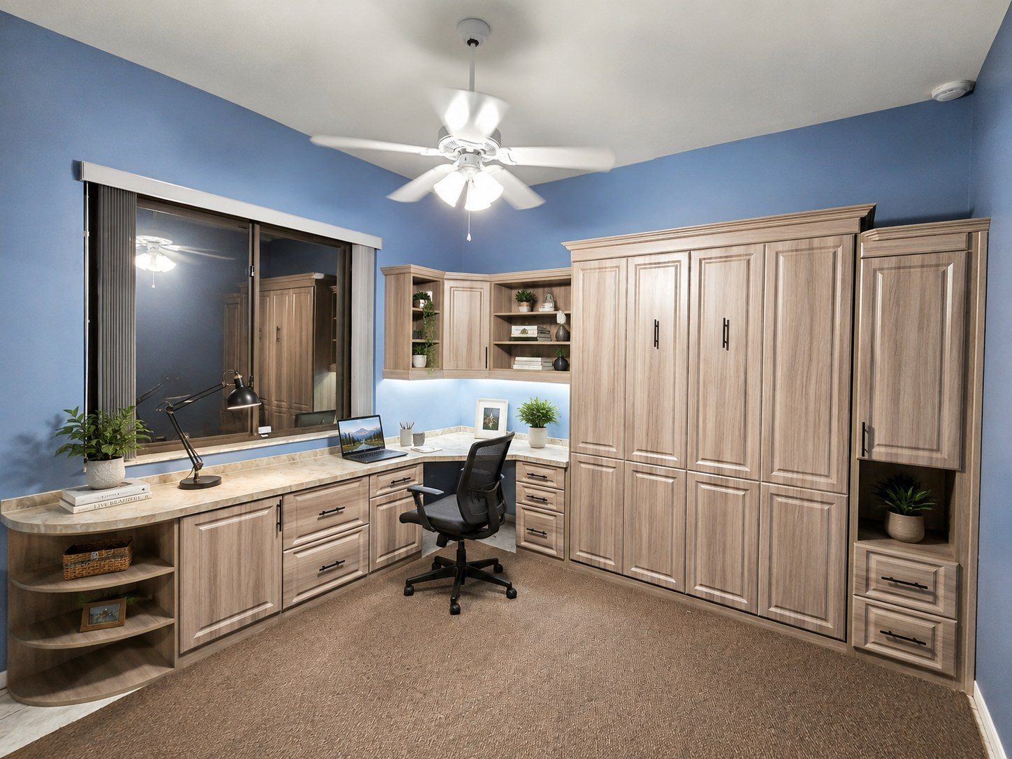 Home office with built-in desk and integrated wall bed by Create More Space