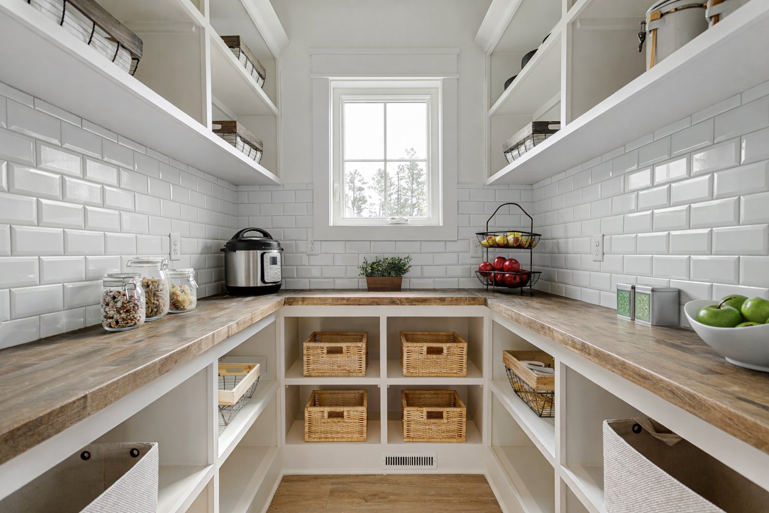 Bright walk-in pantry with open shelving by Create More Space