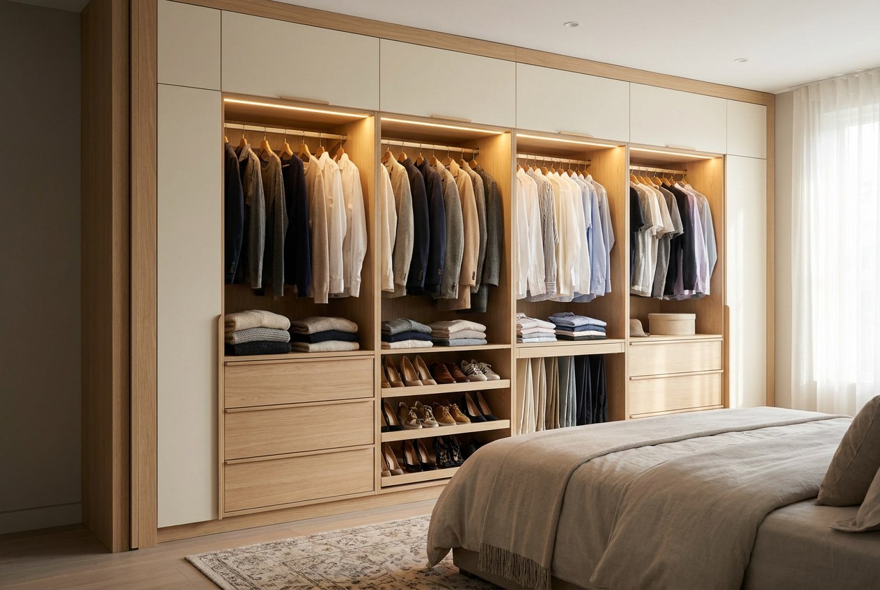 Custom reach-in closet with double hanging and adjustable shelving