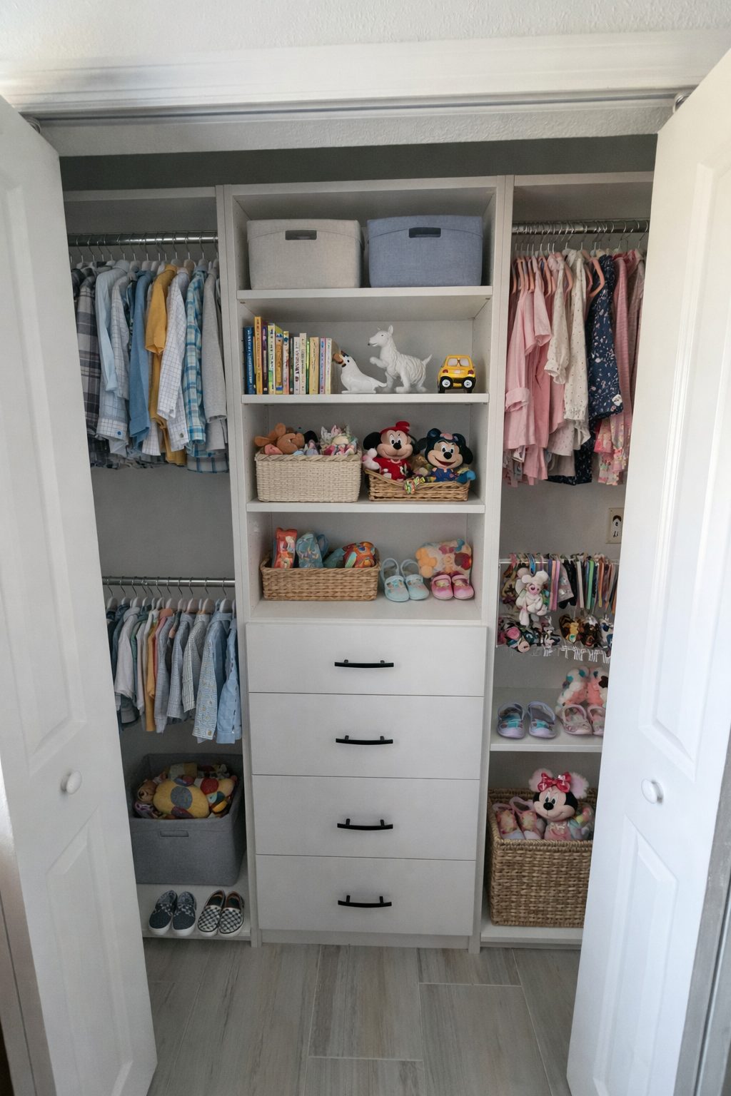 Kids reach-in closet with baskets and low hanging