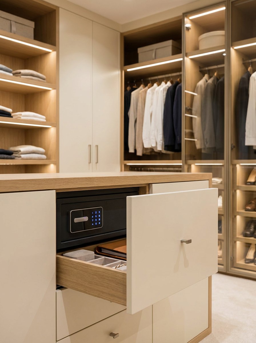 Concealed built-in home safe integrated into custom closet cabinetry