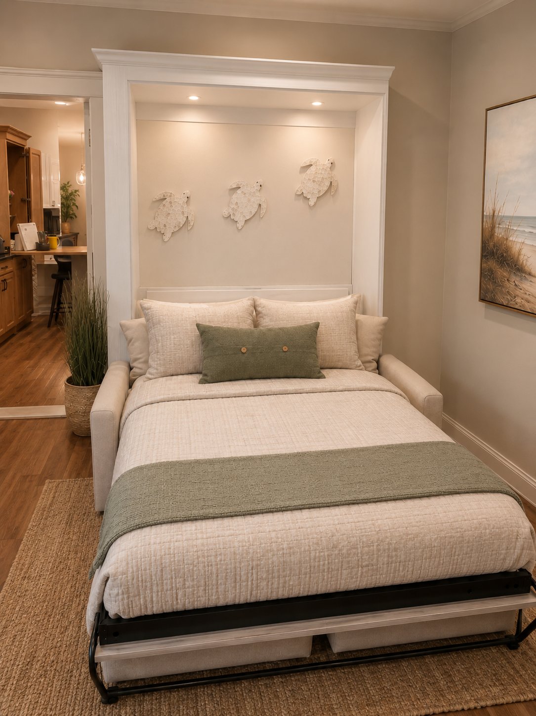 Wall bed opened over a sofa in a guest room
