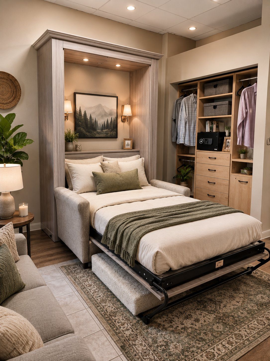 Sofa wall bed open in a bright bedroom with built-in closet