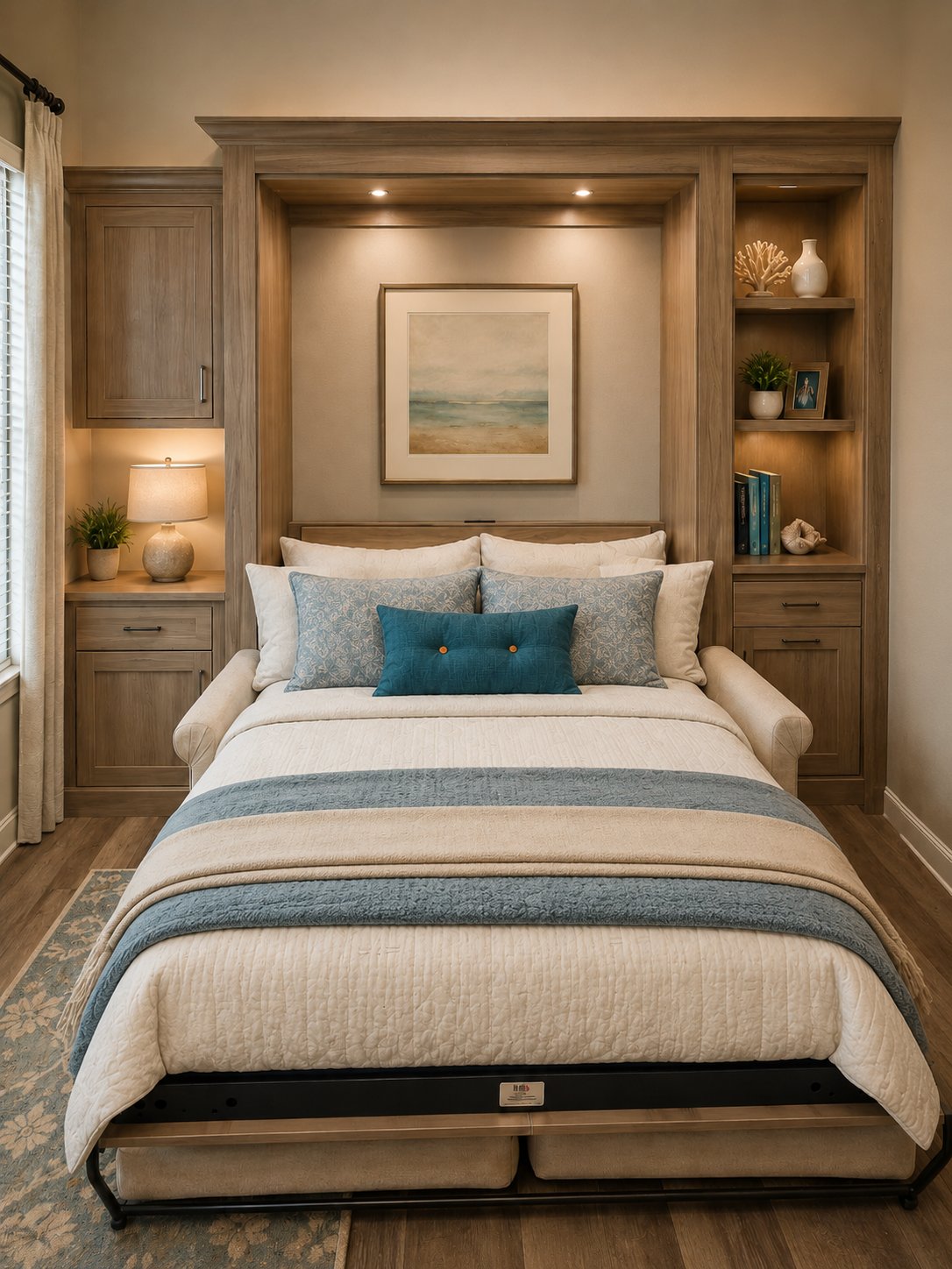 Sofa wall bed in a warm wood finish by Create More Space