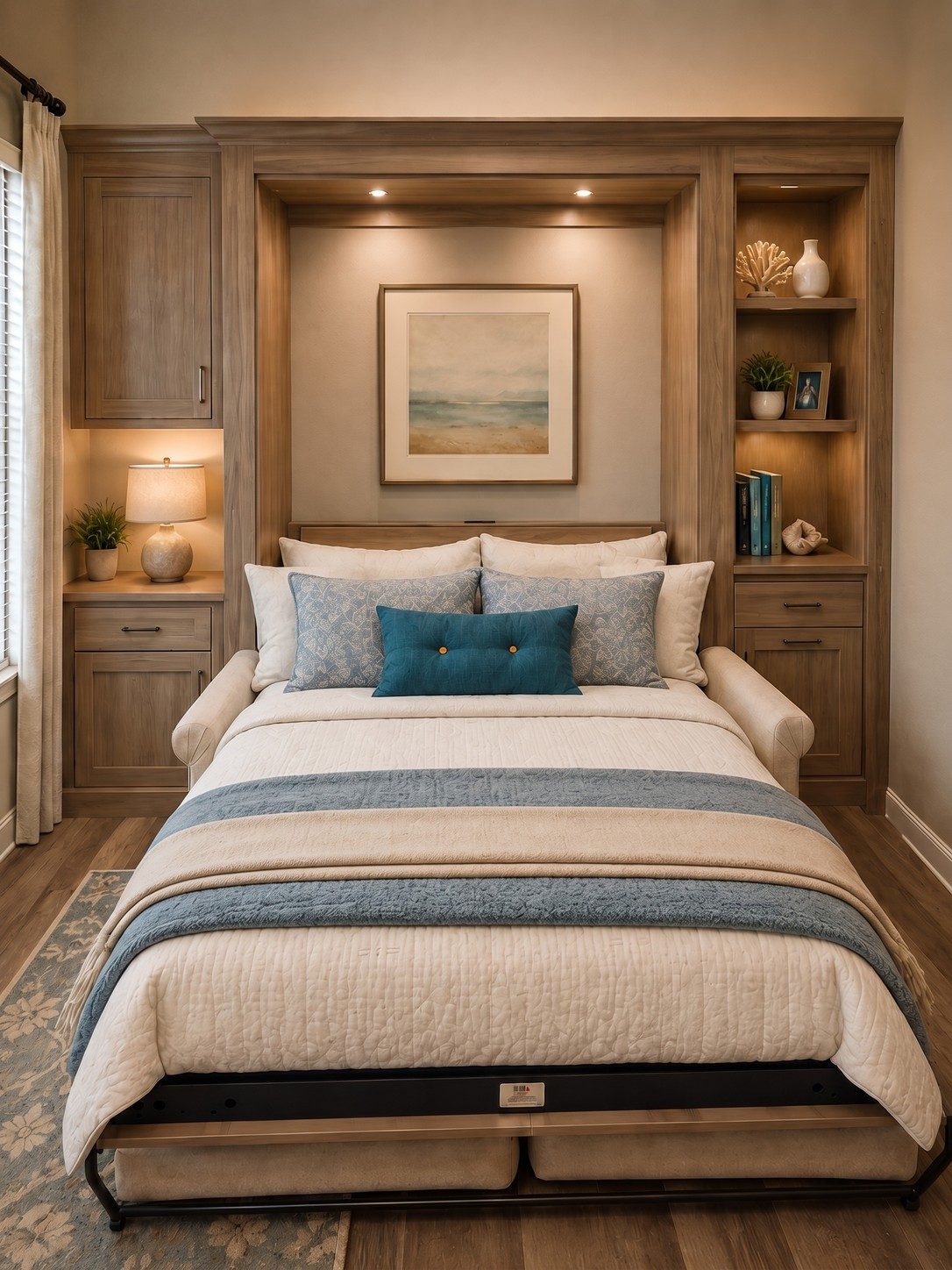 Sofa wall bed in a warm wood finish flanked by cabinets