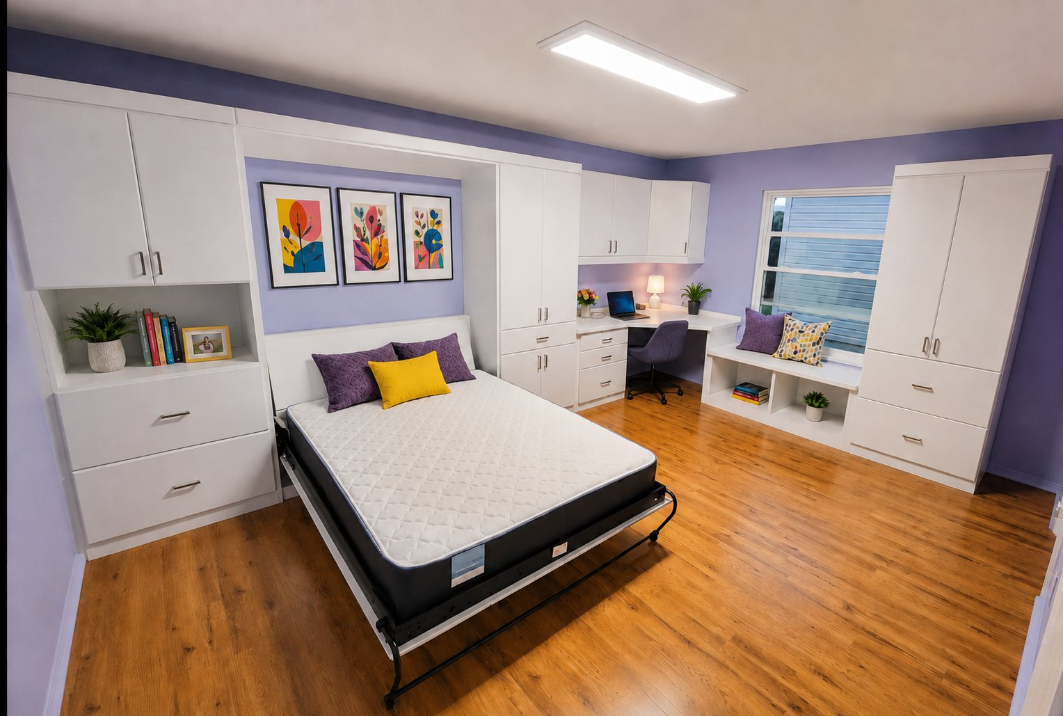 Wall bed open with desk and storage in a bright bedroom