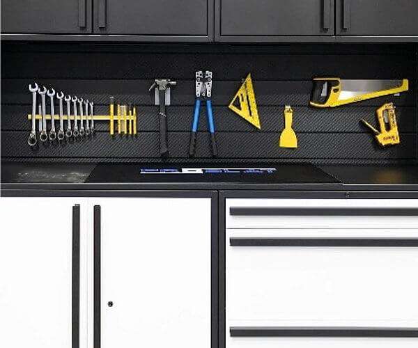 Slatwall Over the Workbench — garage accessory