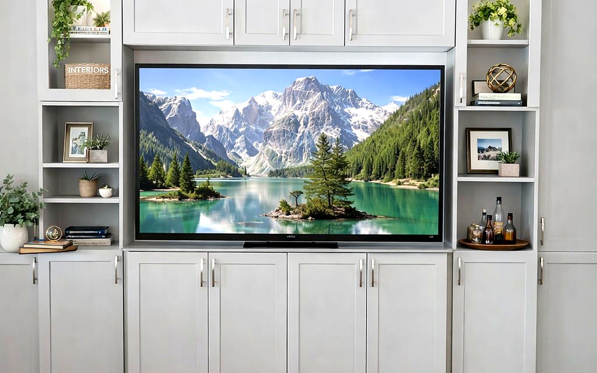 Custom entertainment center with integrated TV and lit shelving
