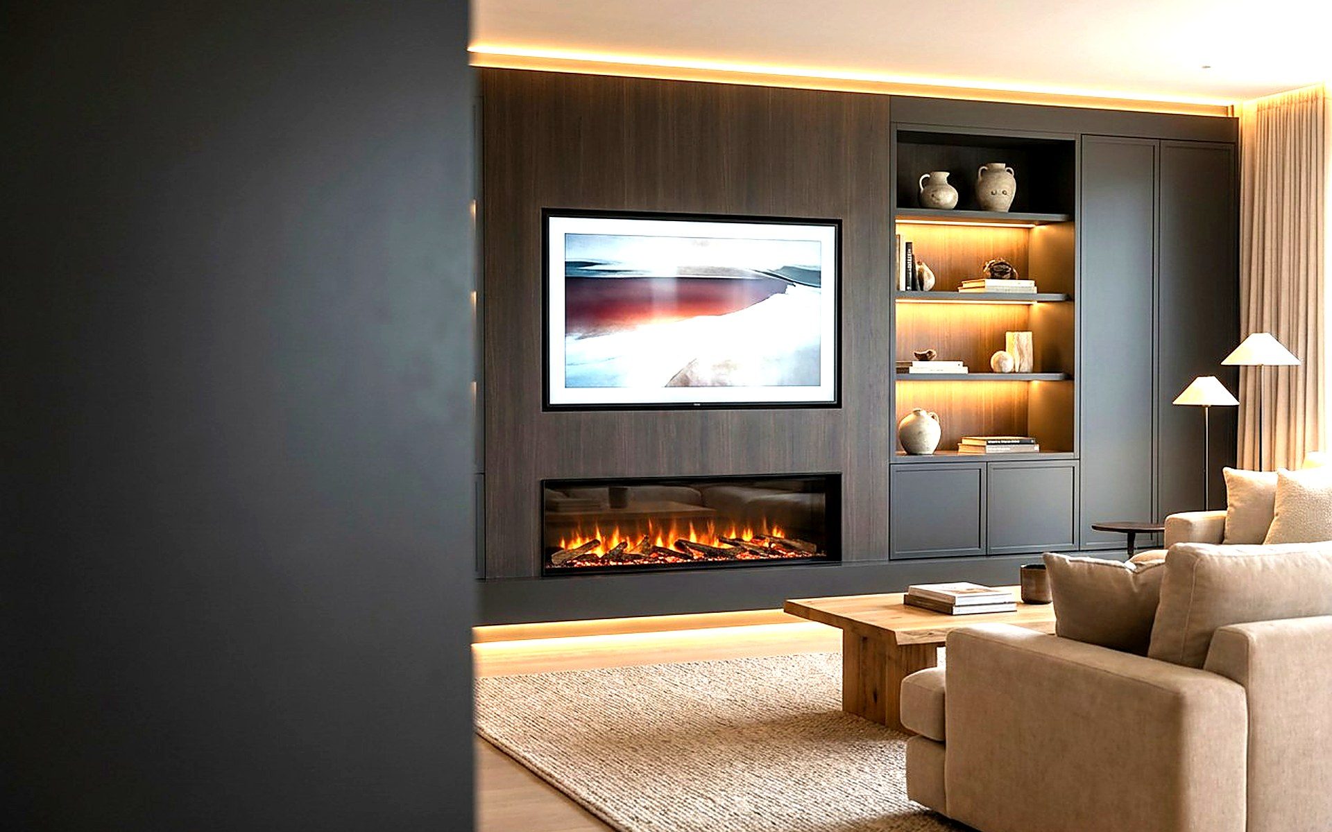 Entertainment center with built-in linear fireplace