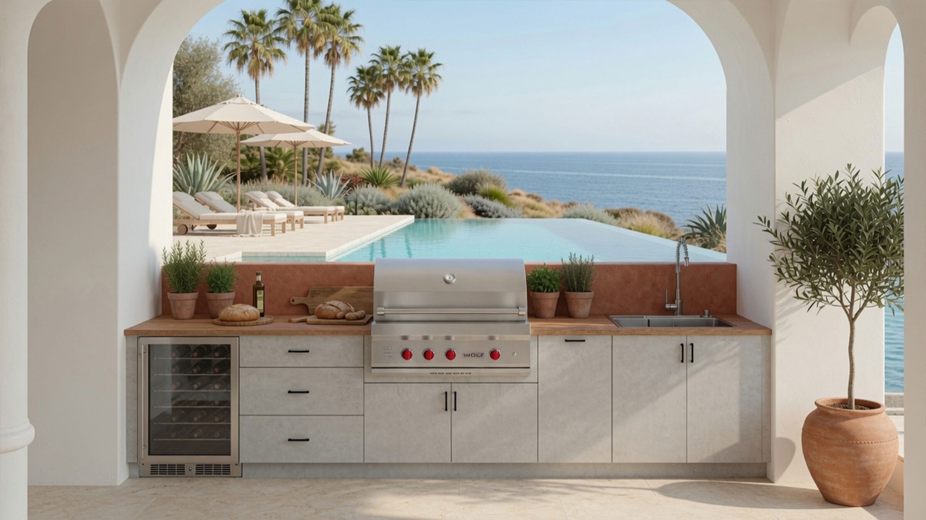 LIOHER outdoor kitchen with grill, cabinetry and seating