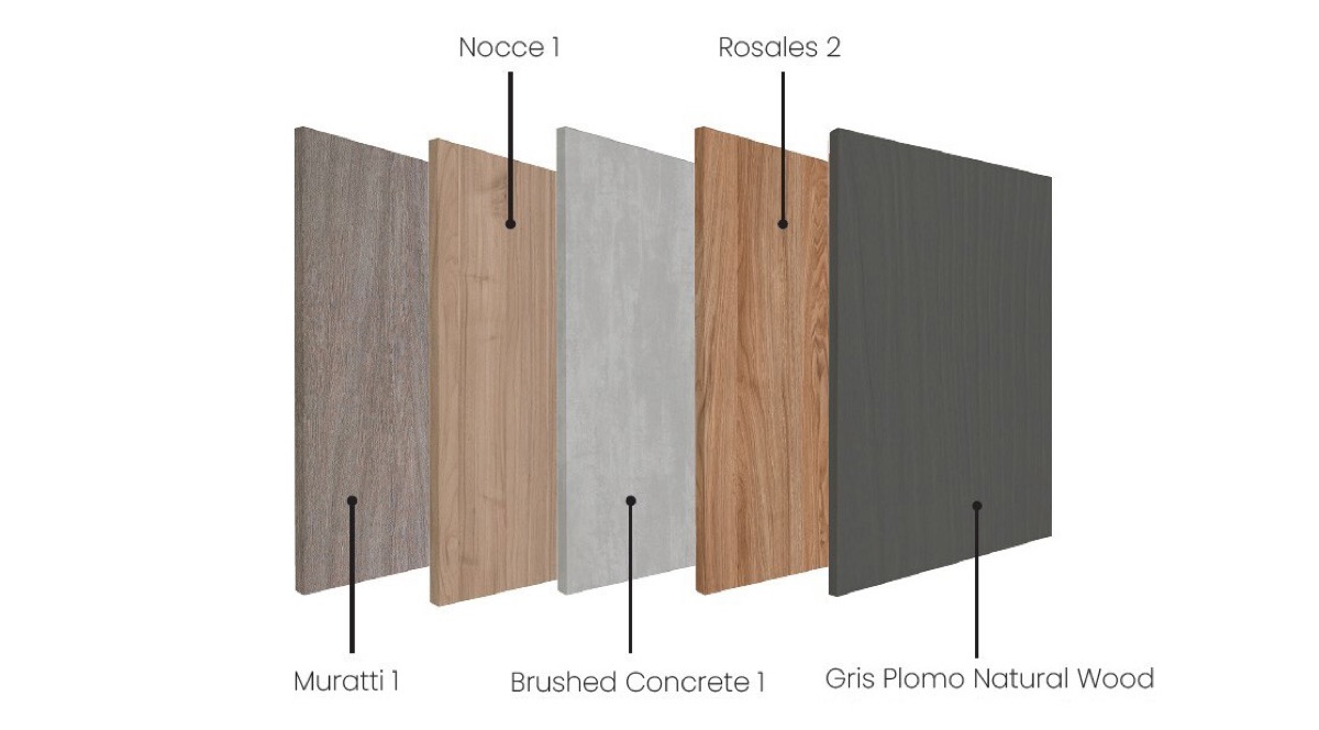 LIOHER outdoor kitchen finish panels — Muratti, Nocce, Brushed Concrete, Rosales and Gris Plomo Natural Wood